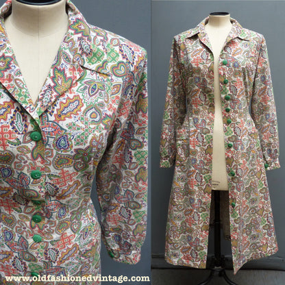 Vintage 1940s Overall Dress Cotton Novelty Paisley Print Coat UK M/L