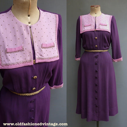 Original Vintage 1940s Colour Block Purple Pink Rayon Dress Studded Yoke UK S/M