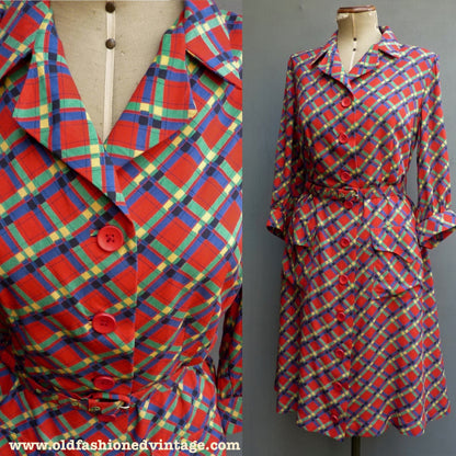 Vintage 1950s 60s Rayon Shirt Dress Red Green Blue Yellow Check Plaid Tartan UK M/L