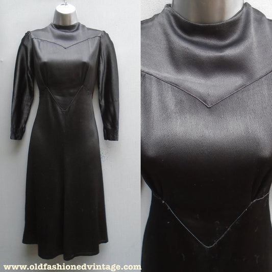 Rare Slinky Vintage 1930s 40s Dress Black Satin Crepe Deco Vamp UK XS