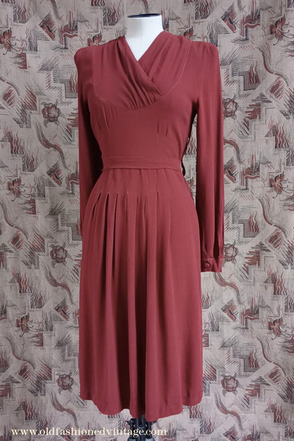 Vintage 1940s Dress Russet Chestnut Rayon Crepe UK XS/S