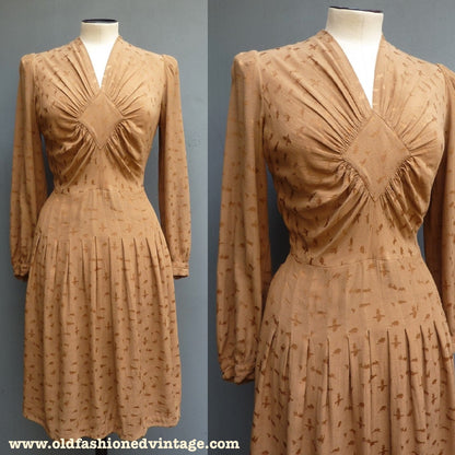 Original Vintage 1940s Dress Bronze Brown Rayon Animal Jacquard Textured Print UK S